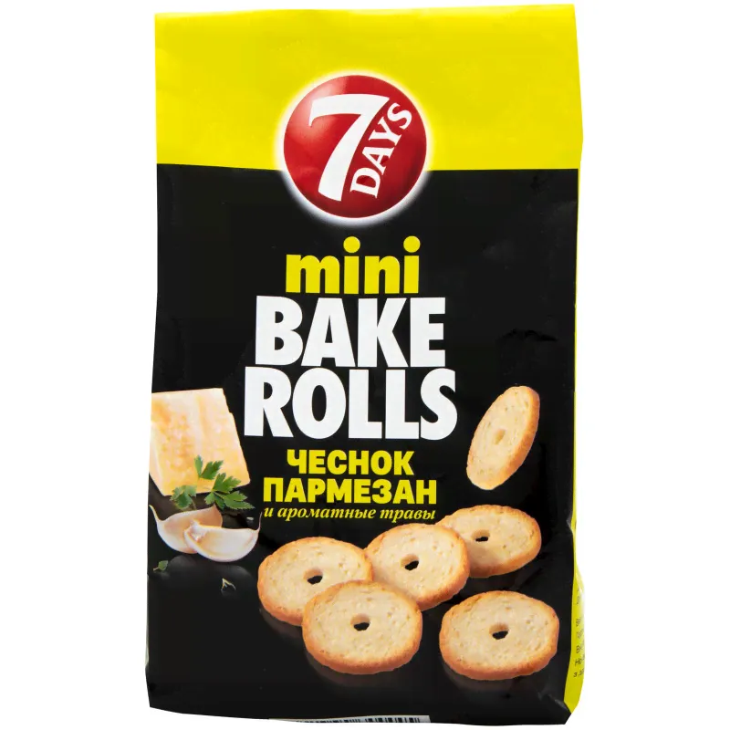 Сухарики 7 Days Bake rolls mini пшеничные со вкусом чеснока пармезана и ароматных трав, 80г-3